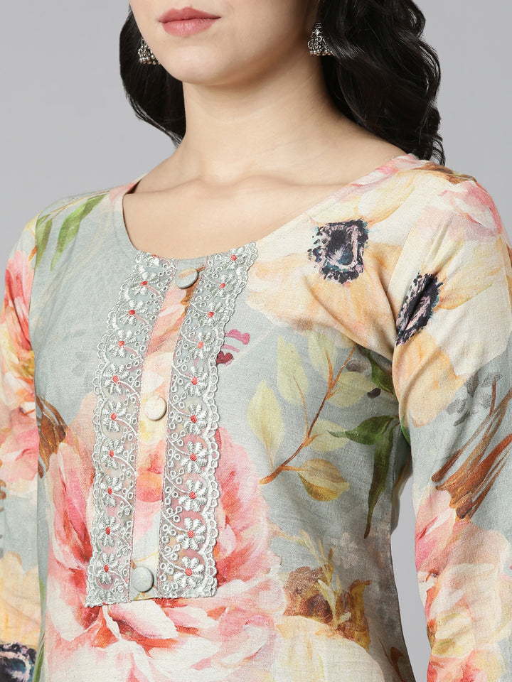 Neerus Blue printed straight kurta set with dupatta - detail view 1