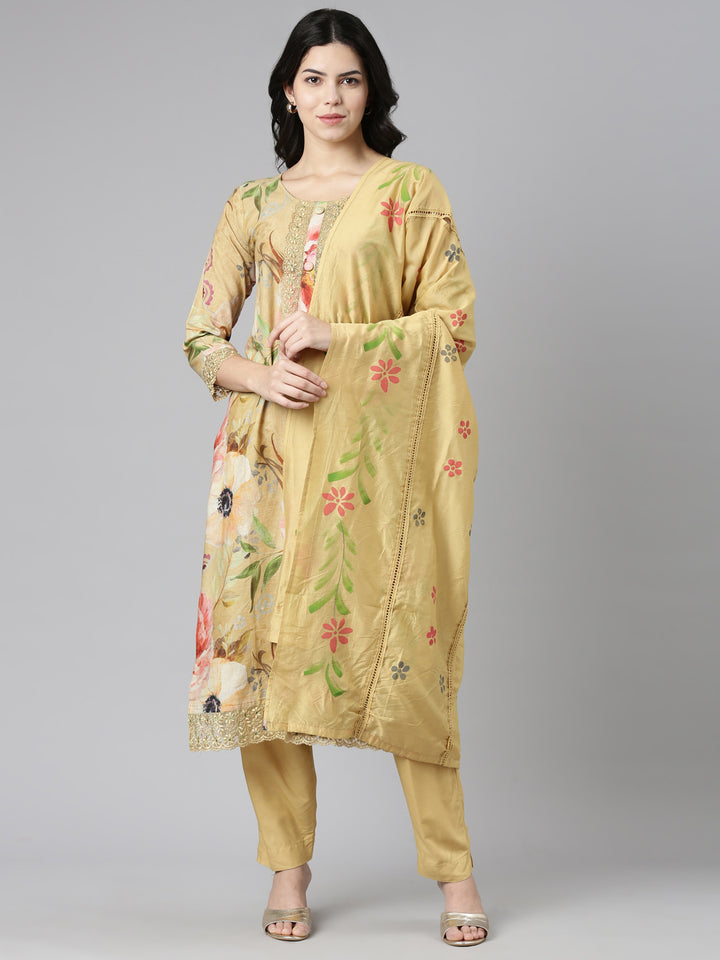 Neerus Yellow Regular Straight Printed Kurta And Trousers With Dupatta