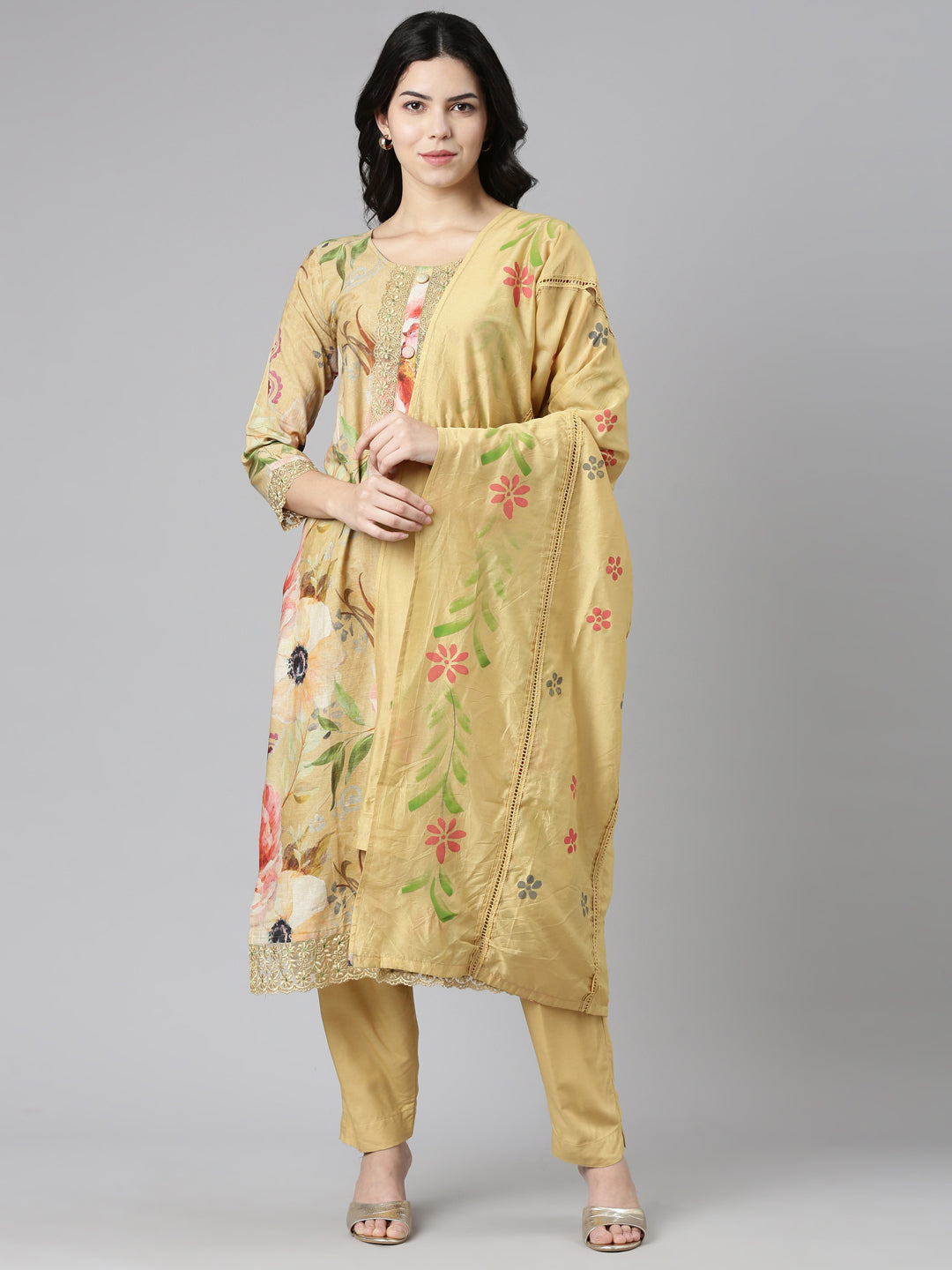 Neeru's Yellow Regular Straight Printed Kurta And Trousers With Dupatta