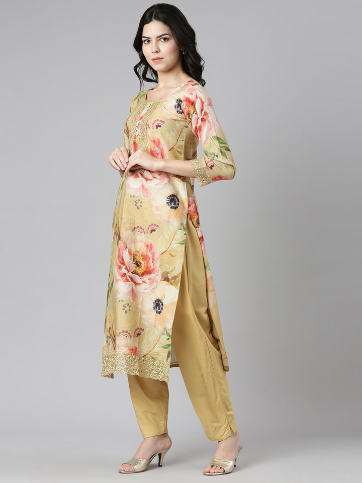 Neerus Yellow Regular Straight Printed Kurta And Trousers With Dupatta