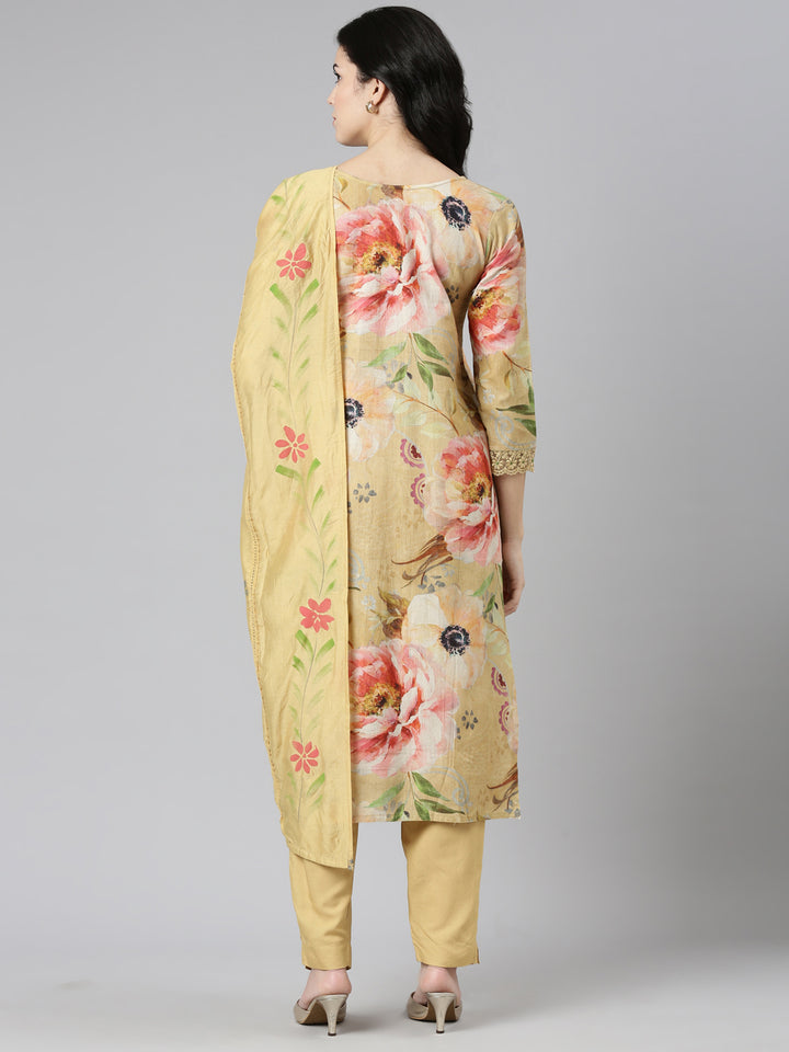 Neerus Yellow Regular Straight Printed Kurta And Trousers With Dupatta