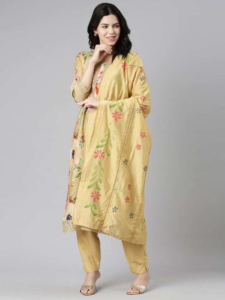 Neerus Yellow Regular Straight Printed Kurta And Trousers With Dupatta