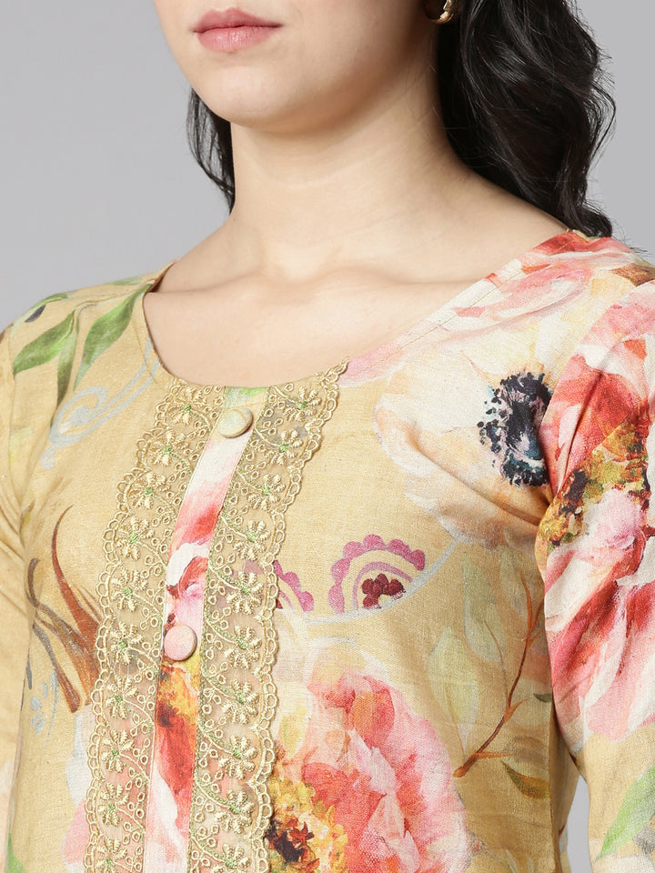 Neerus Yellow Regular Straight Printed Kurta And Trousers With Dupatta