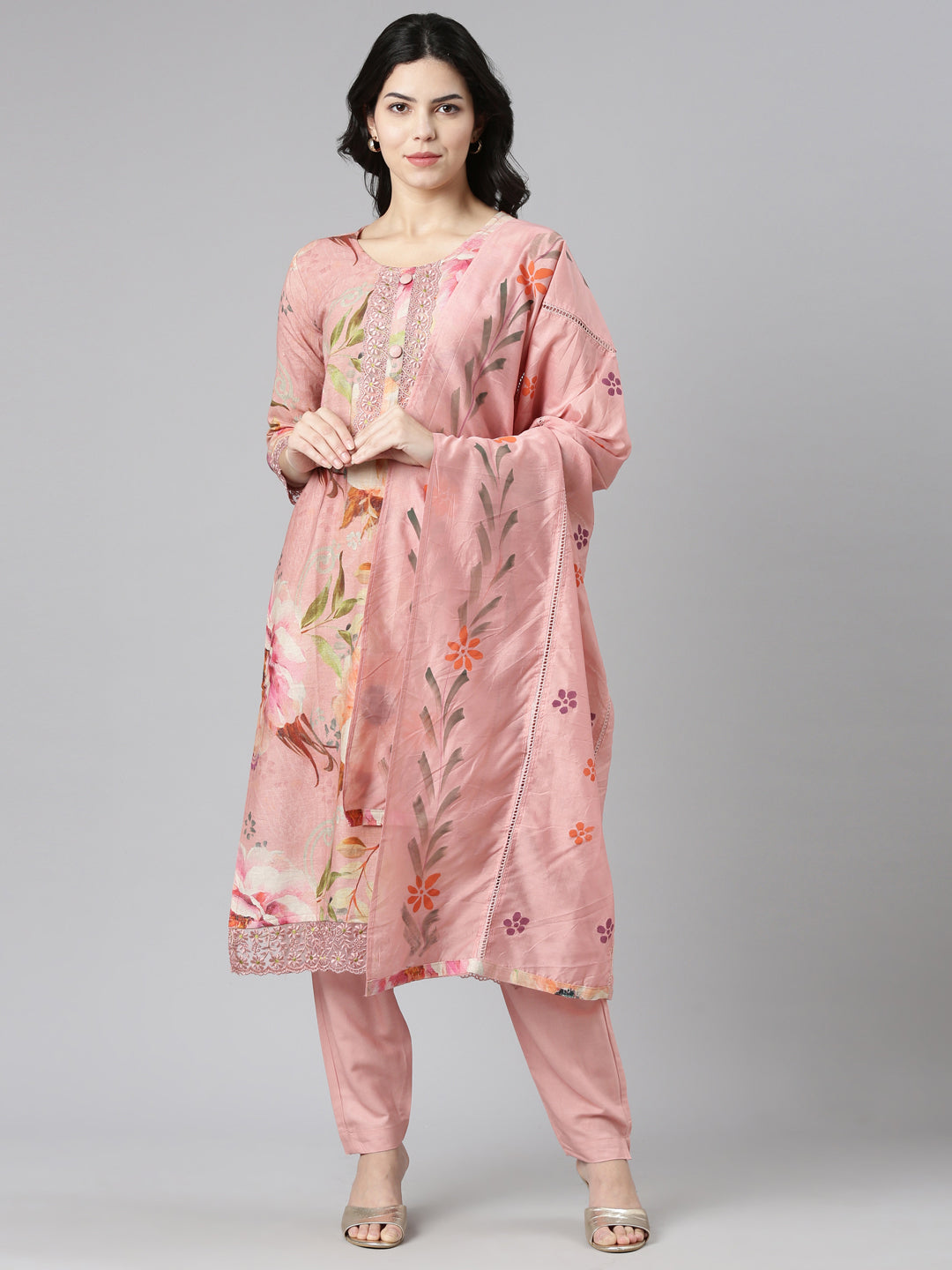 Neerus Pink printed straight kurta set with dupatta - front view
