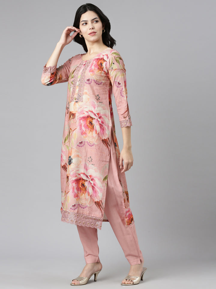 Neerus Pink printed straight kurta set with dupatta - back view