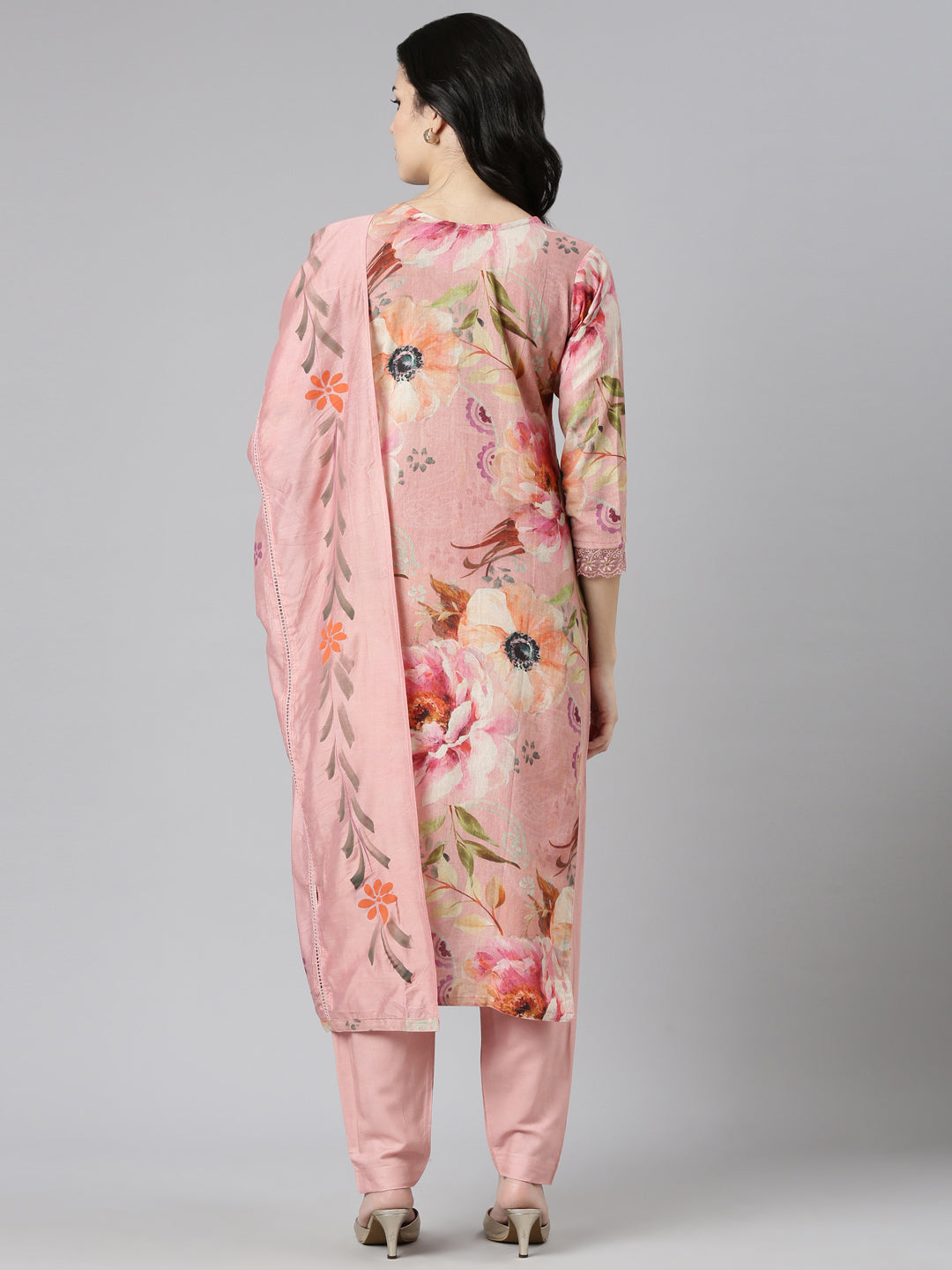 Neerus Pink printed straight kurta set with dupatta - side view