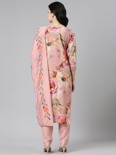 Neerus Pink Regular Straight Printed Kurta And Trousers With Dupatta