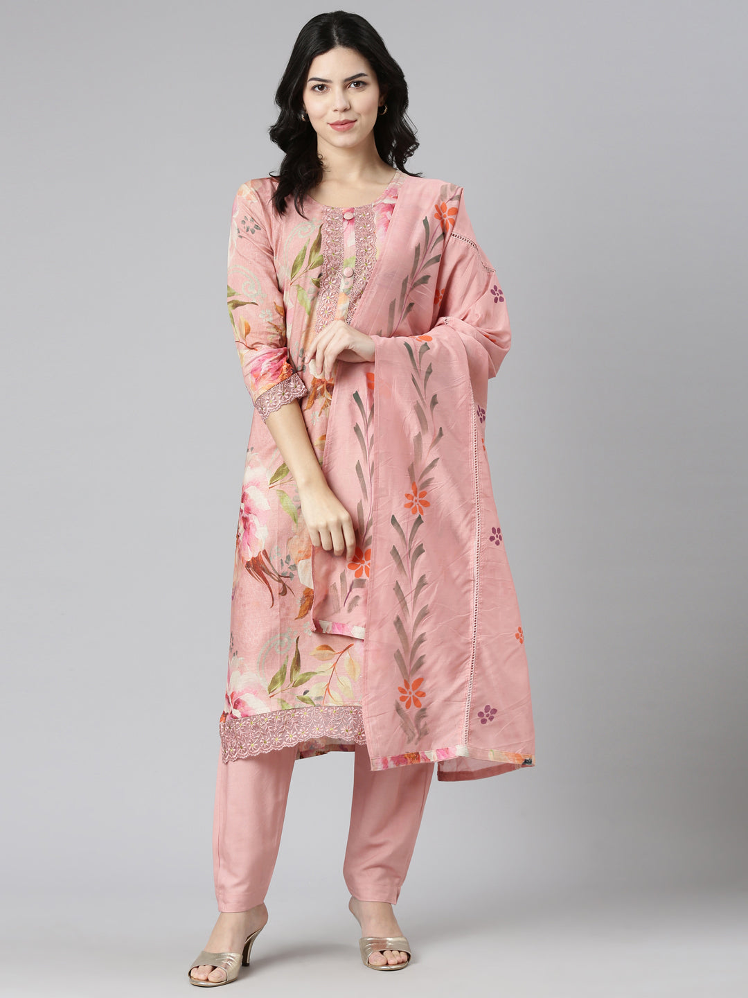 Neerus Pink printed straight kurta set with dupatta - detail view 2