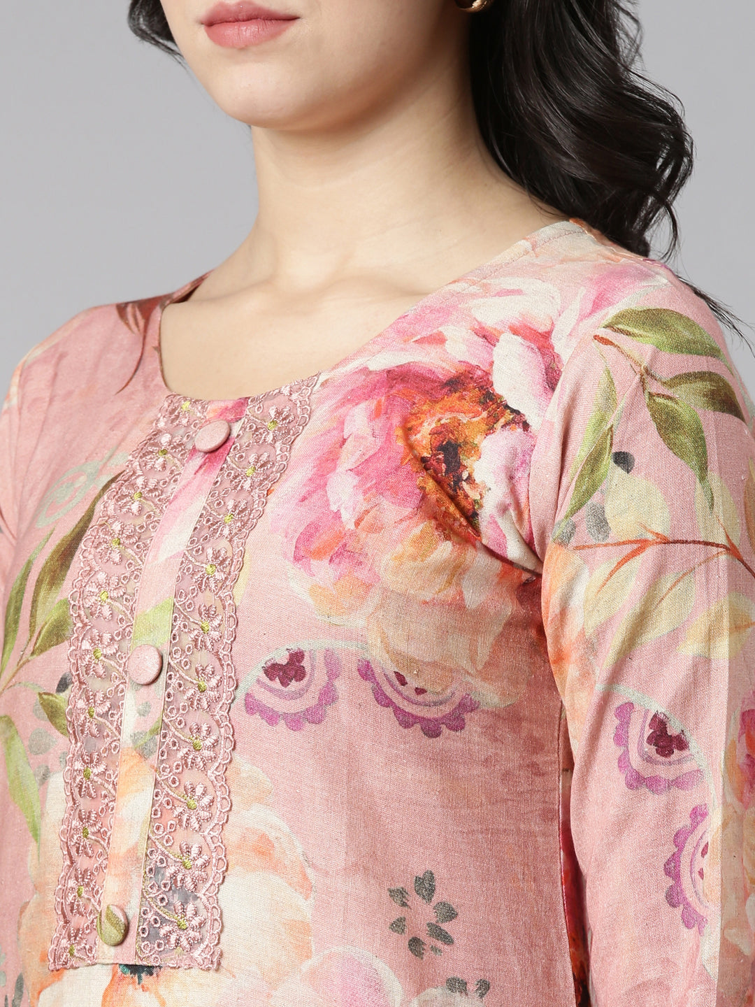 Neerus Pink printed straight kurta set with dupatta - detail view 1