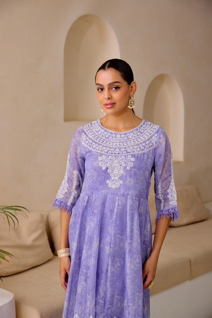 Neerus Purple embellished flared suit set with dupatta - detail view 1