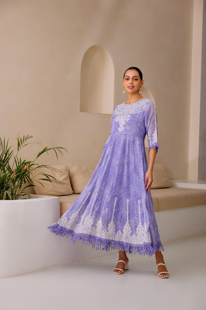 Neerus Purple embellished flared suit set with dupatta - detail view 2