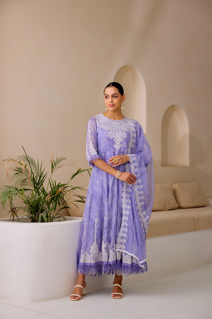 Neerus Purple embellished flared suit set with dupatta - front view