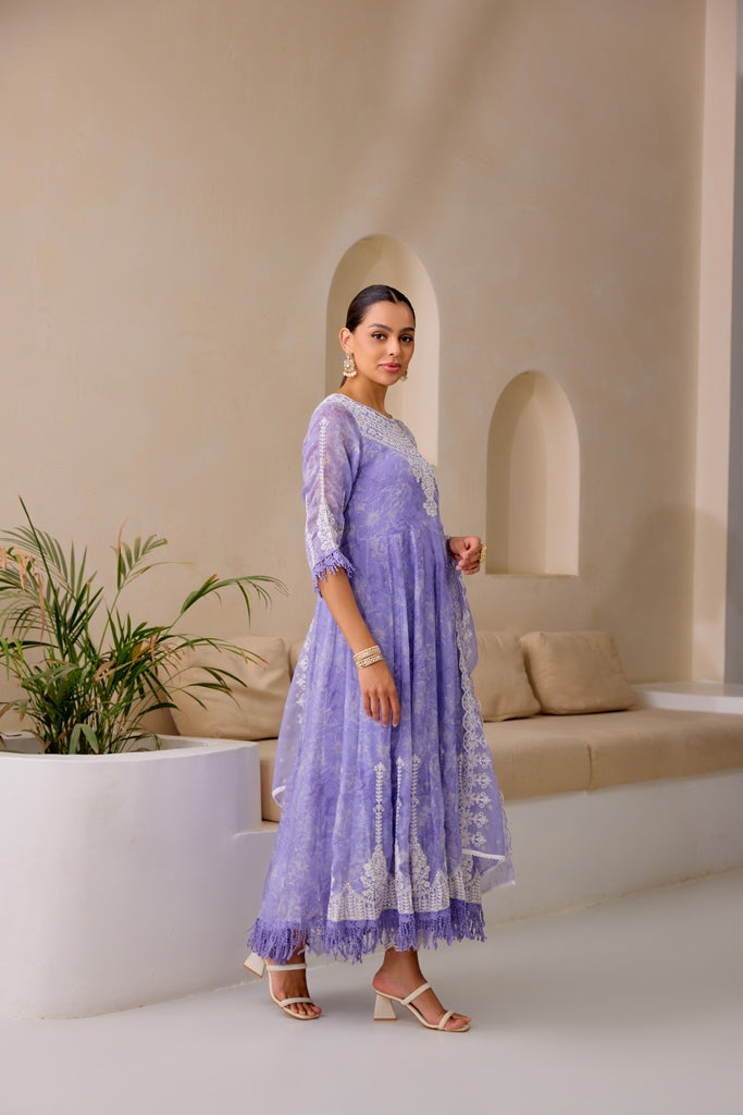 Neerus Purple embellished flared suit set with dupatta - back view