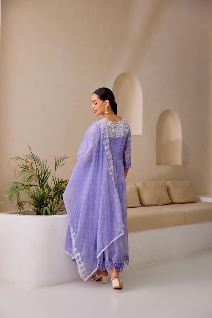 Neerus Purple embellished flared suit set with dupatta - side view