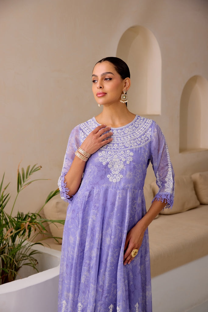Neerus Purple embellished flared suit set with dupatta - detail view 3