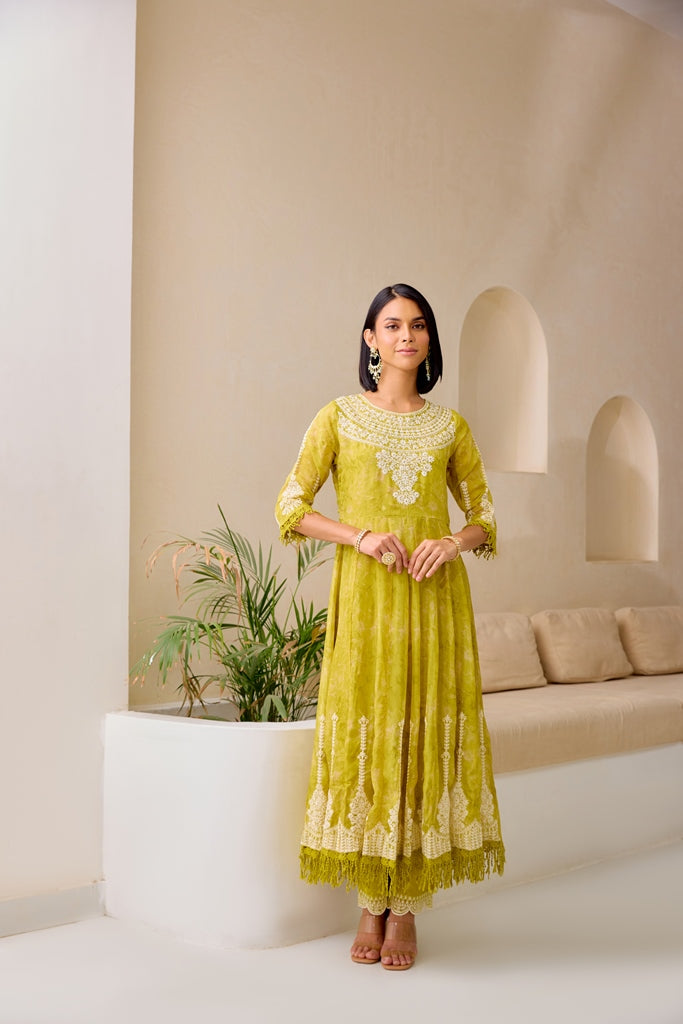 Neerus Green Embellished Flared Suit Set - detail view 2