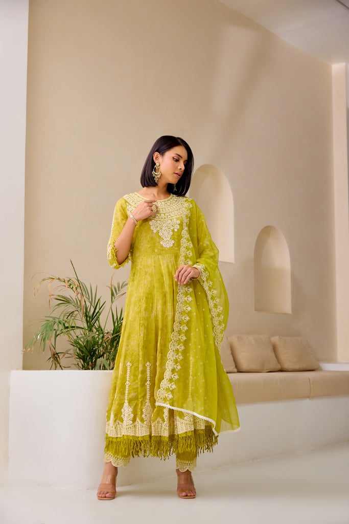 Neerus Green Ethnic Embellished Flared Suit Set