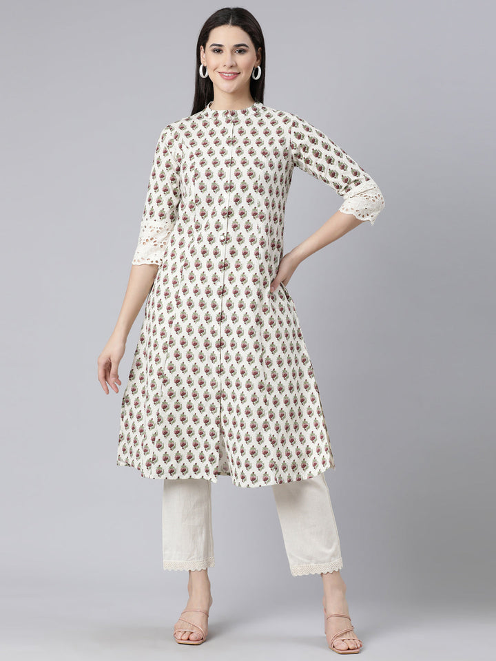 Neerus Purple Panelled Straight Printed Kurta And Trousers