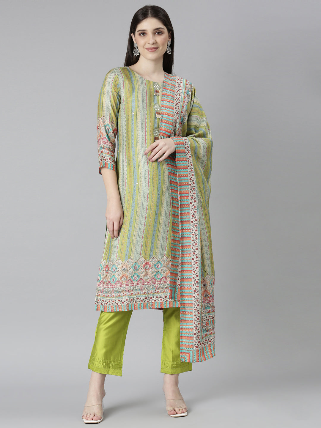 Neerus Green printed chevron kurta set with trouser and dupatta - front view