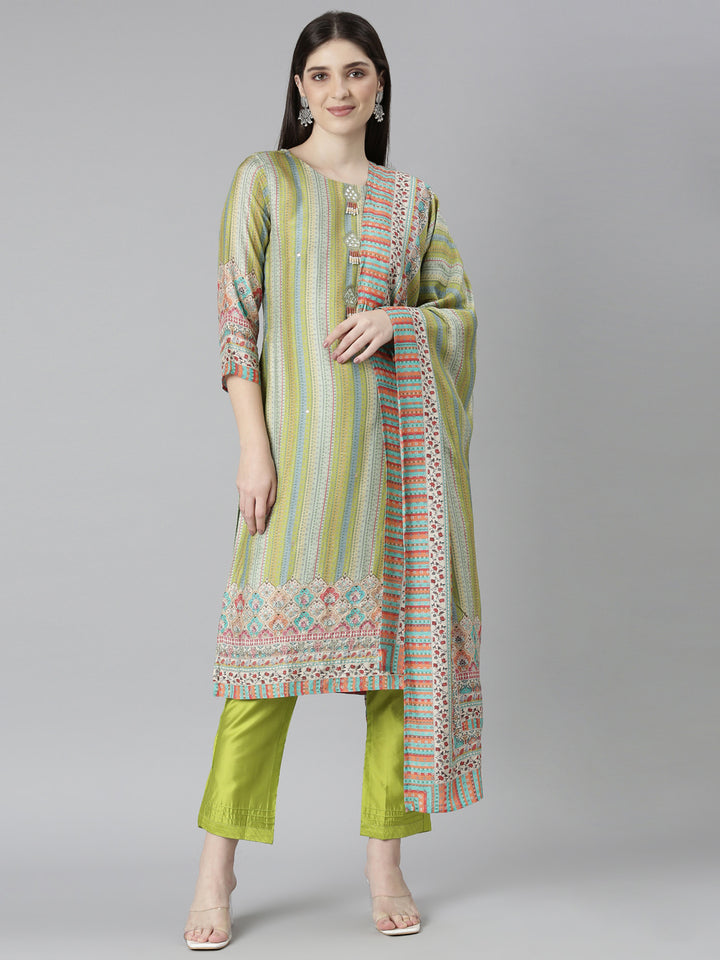 Neerus Green printed chevron kurta set with trouser and dupatta - front view