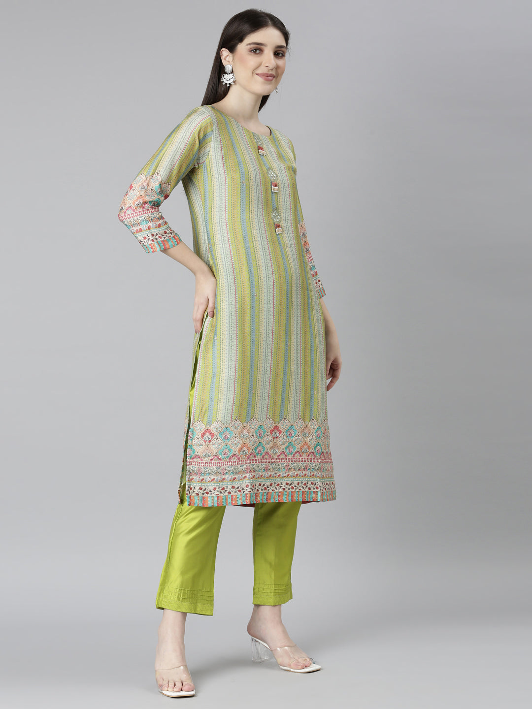 Neerus Green printed chevron kurta set with trouser and dupatta - back view