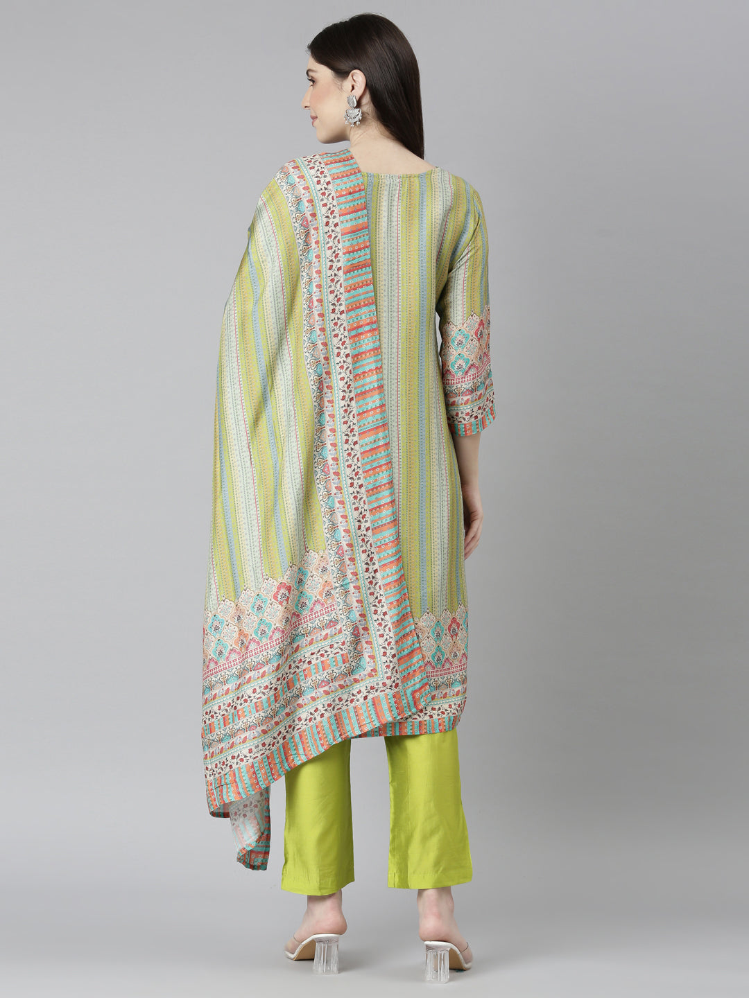 Neerus Green printed chevron kurta set with trouser and dupatta - side view