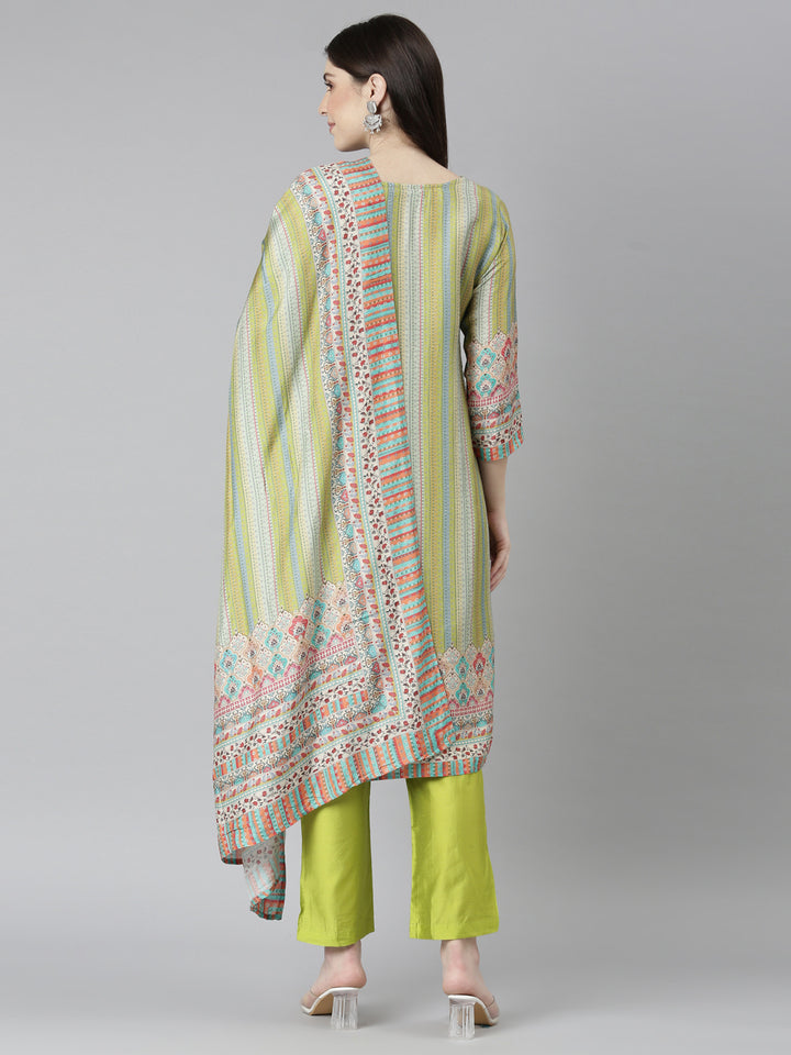 Neerus Green printed chevron kurta set with trouser and dupatta - side view