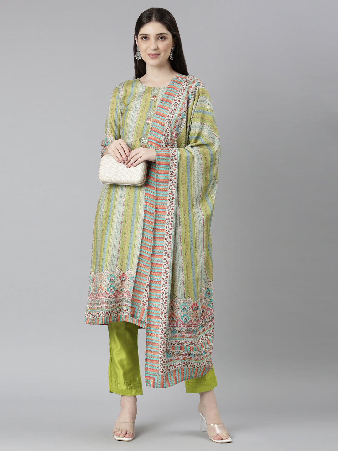 Neerus Green printed chevron kurta set with trouser and dupatta - detail view 2