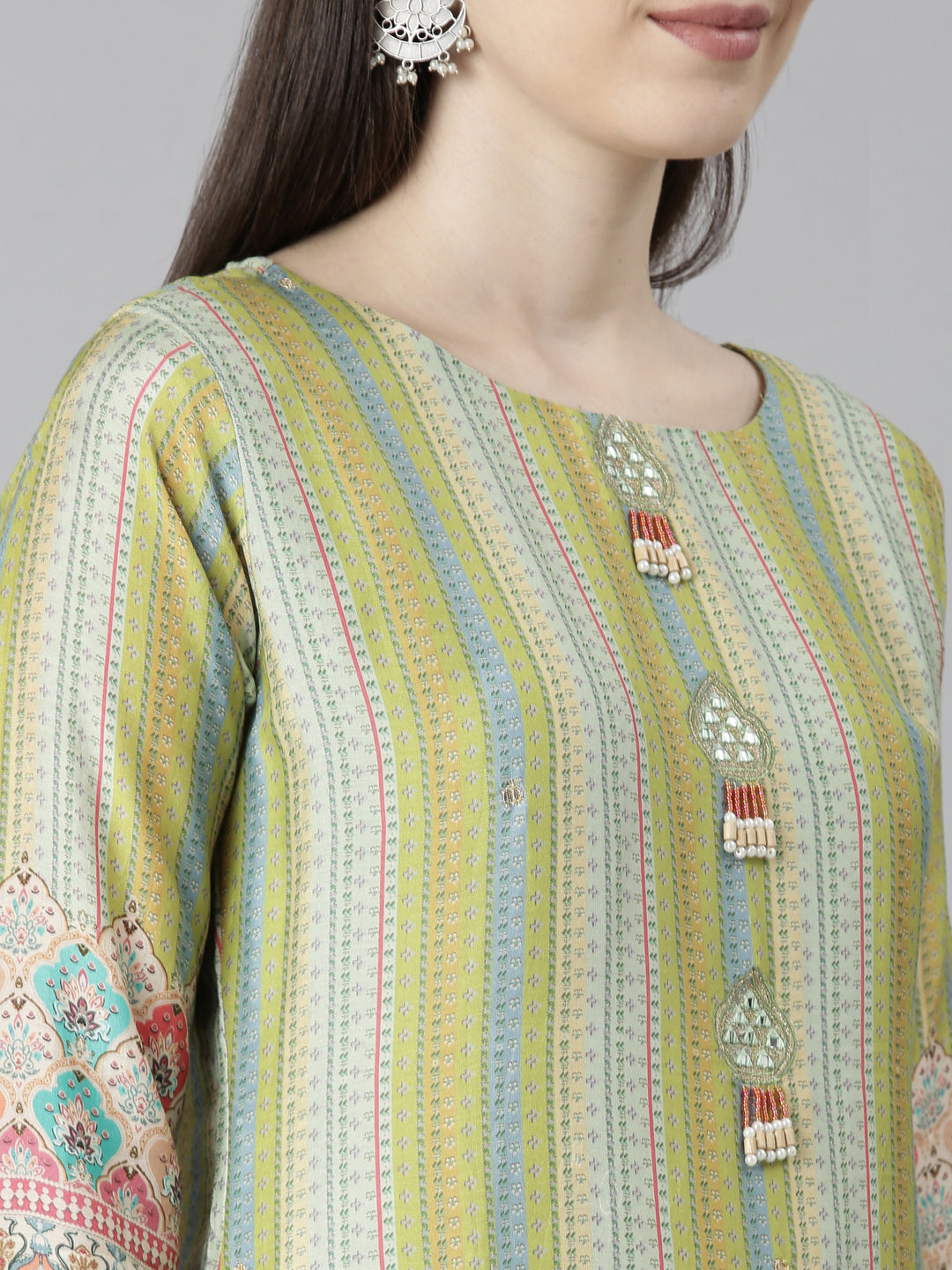 Neerus Green printed chevron kurta set with trouser and dupatta - detail view 1