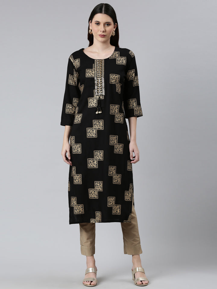 Neerus Black cotton printed kurti - front view
