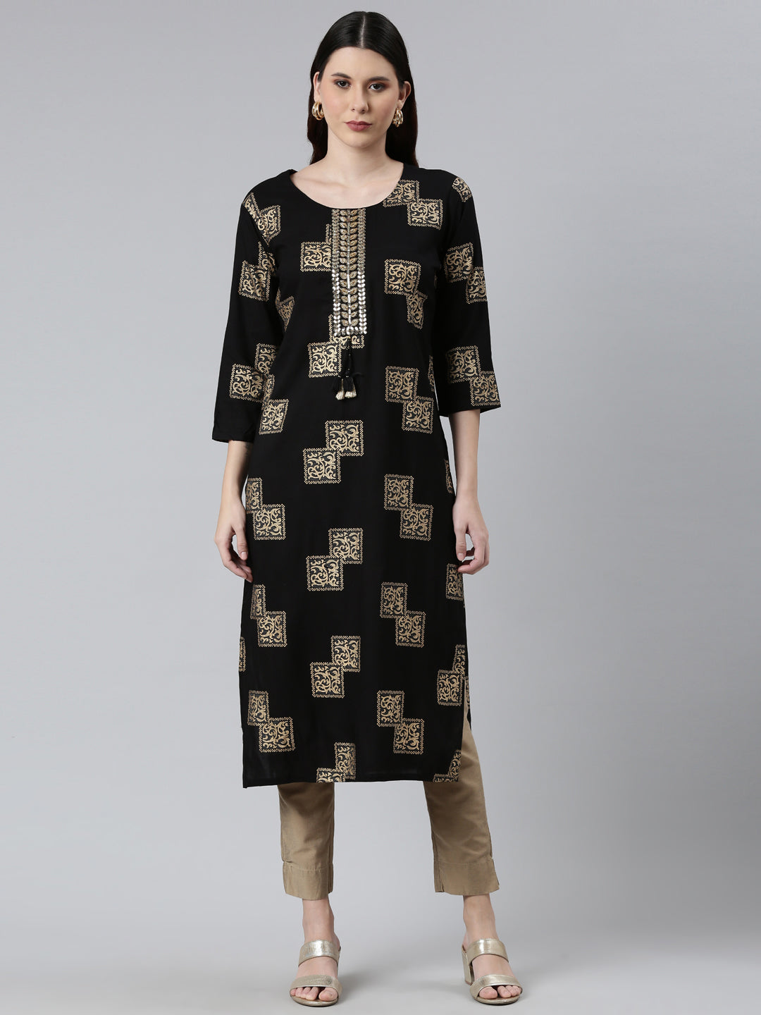 Neerus Women Black  Gold-Toned Cotton Printed Kurta
