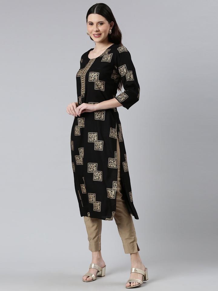 Neerus Black cotton printed kurti - back view