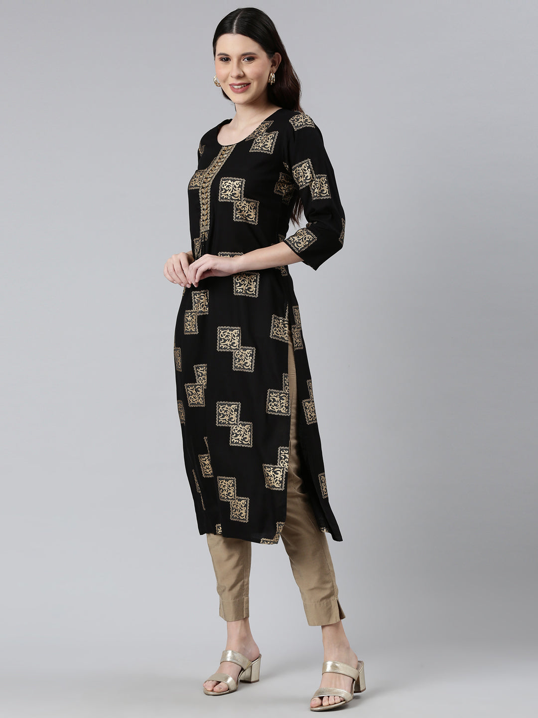 Neerus Women Black  Gold-Toned Cotton Printed Kurta