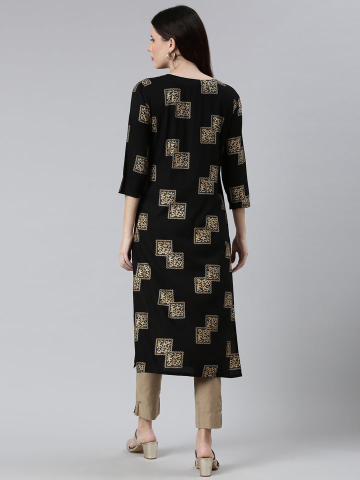 Neerus Black cotton printed kurti - side view