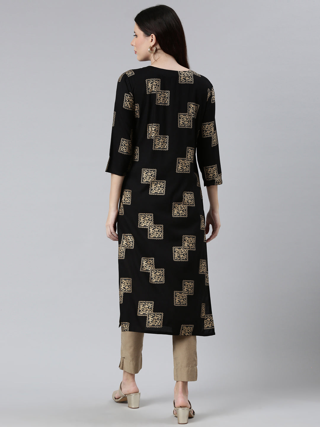 Neerus Women Black  Gold-Toned Cotton Printed Kurta