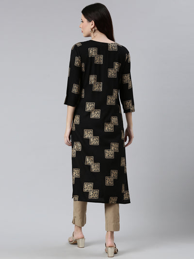 Neerus Women Black  Gold-Toned Cotton Printed Kurta