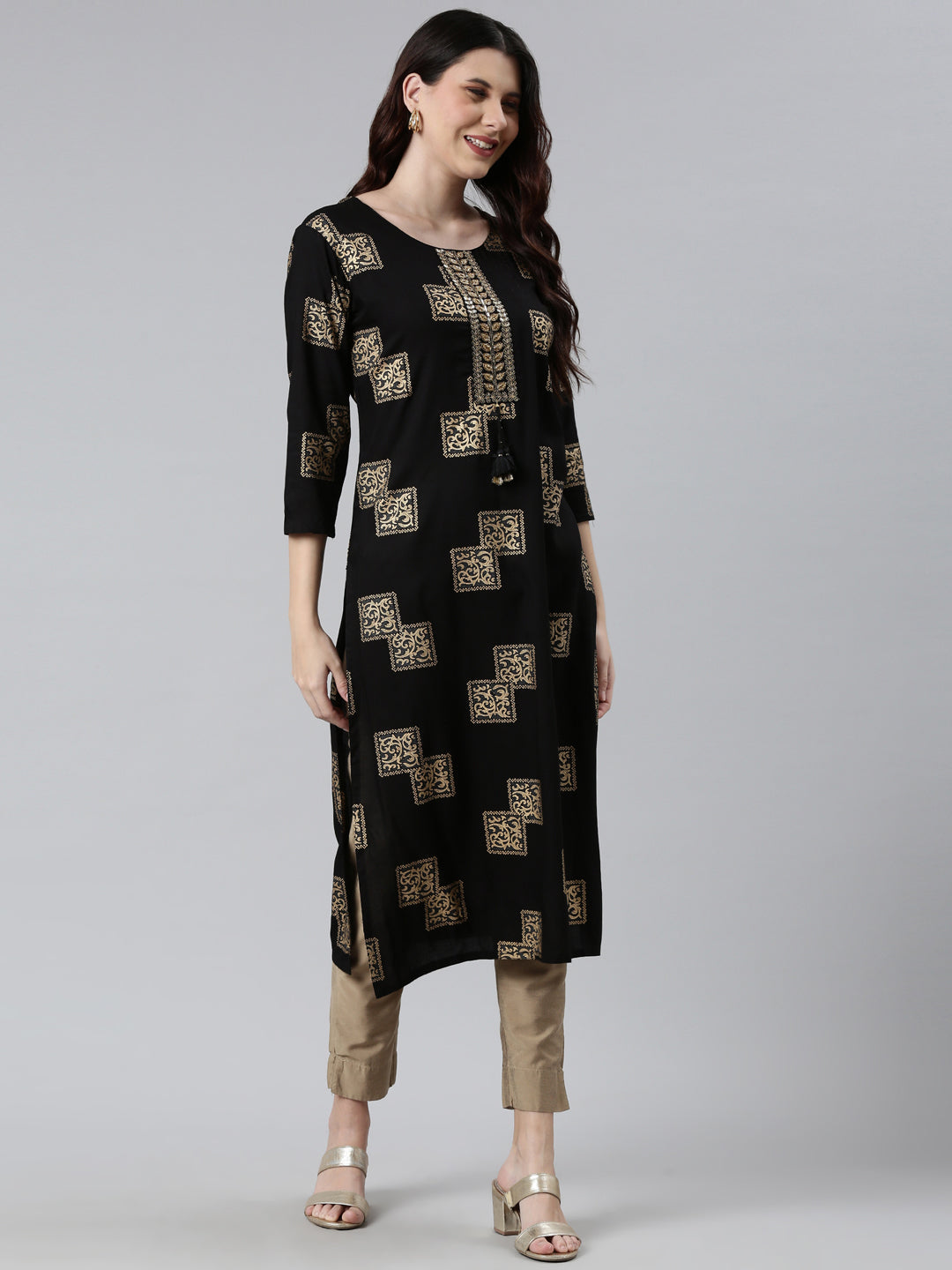 Neerus Women Black  Gold-Toned Cotton Printed Kurta