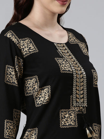 Neerus Women Black  Gold-Toned Cotton Printed Kurta