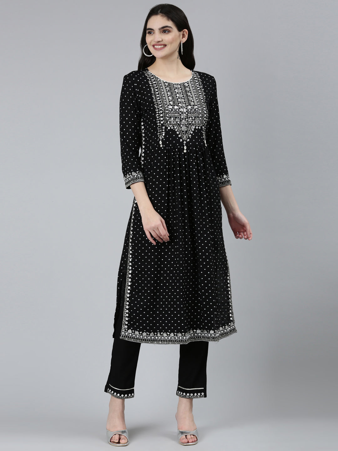 Neerus Black Regular Straight Floral Kurta Sets And Trousers
