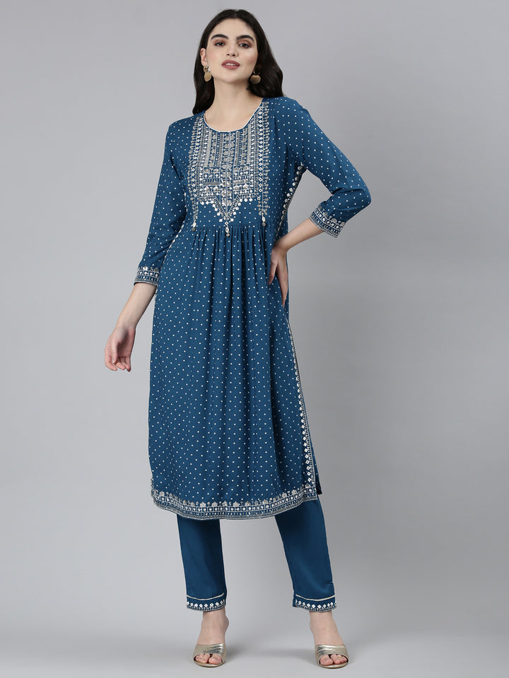 Neerus Blue printed floral kurta set with trouser - front view