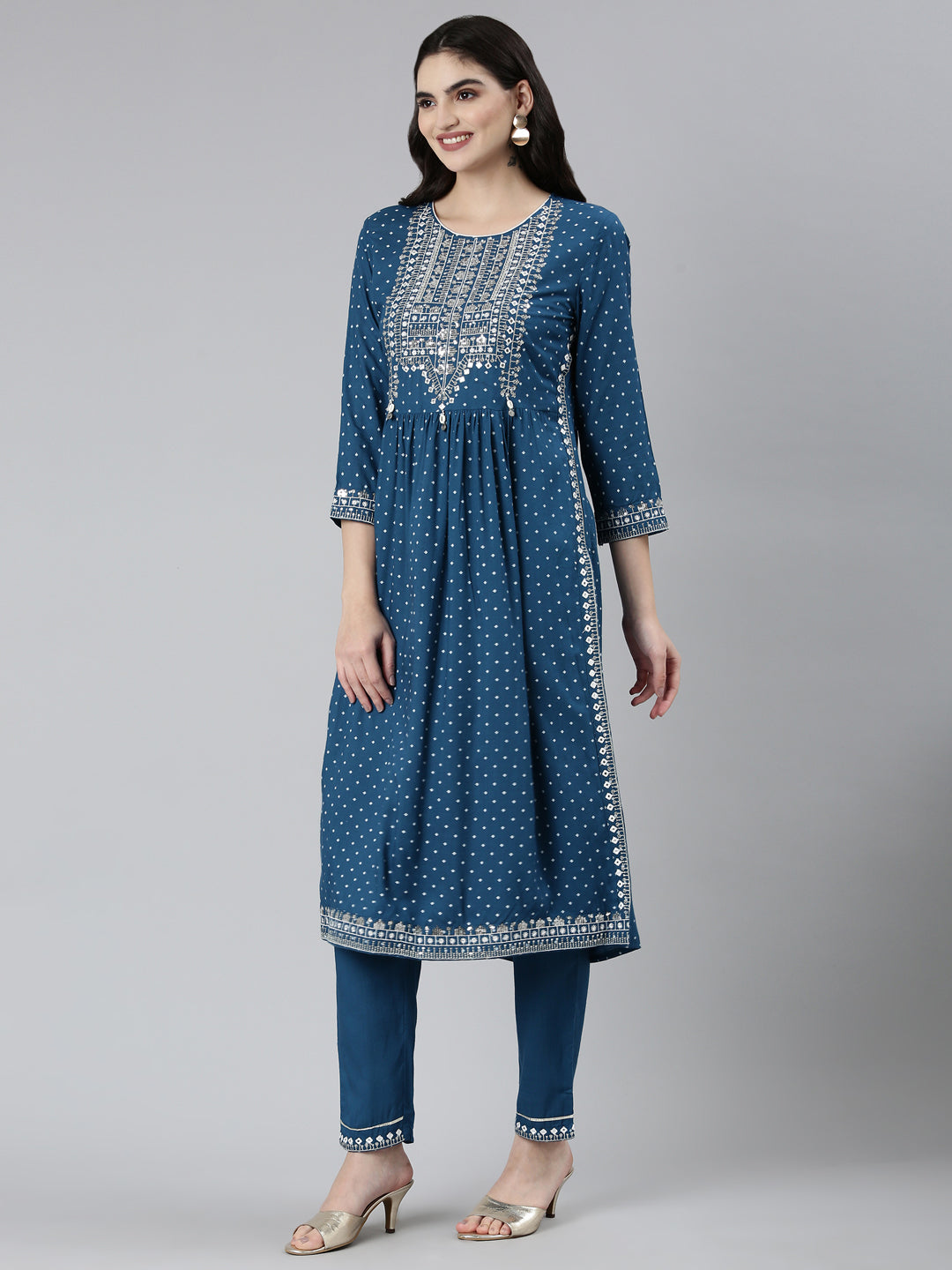 Neerus Blue printed floral kurta set with trouser - back view