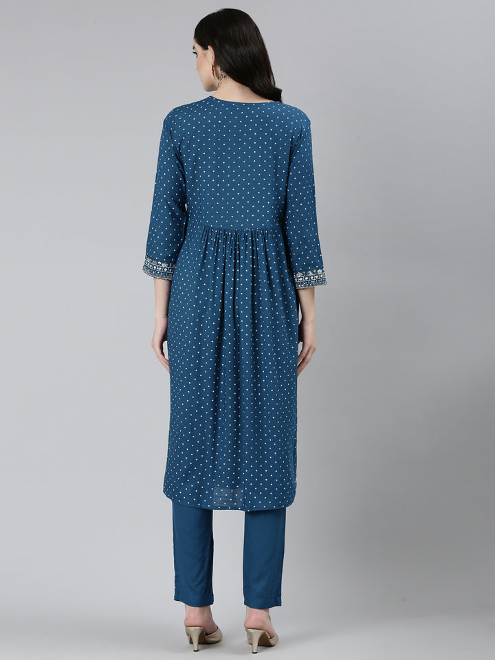 Neerus Blue printed floral kurta set with trouser - side view