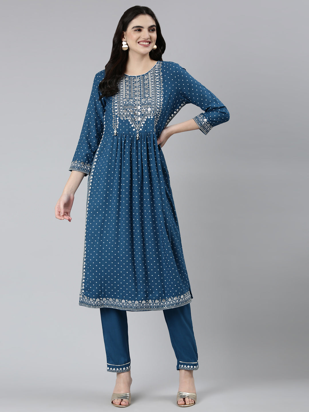 Neerus Blue printed floral kurta set with trouser - detail view 2