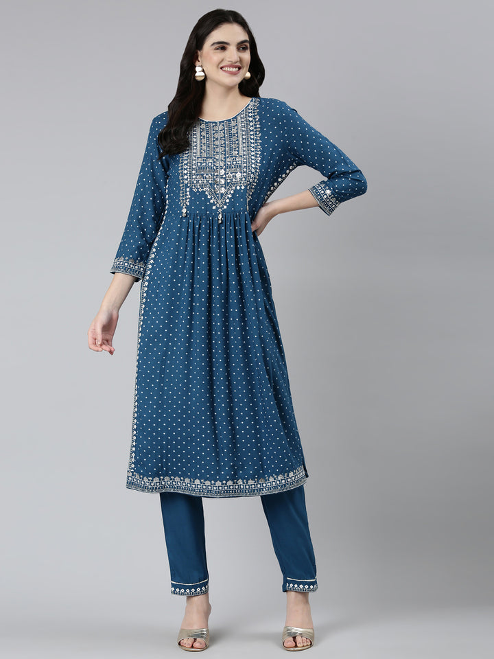 Neerus Blue printed floral kurta set with trouser - detail view 2