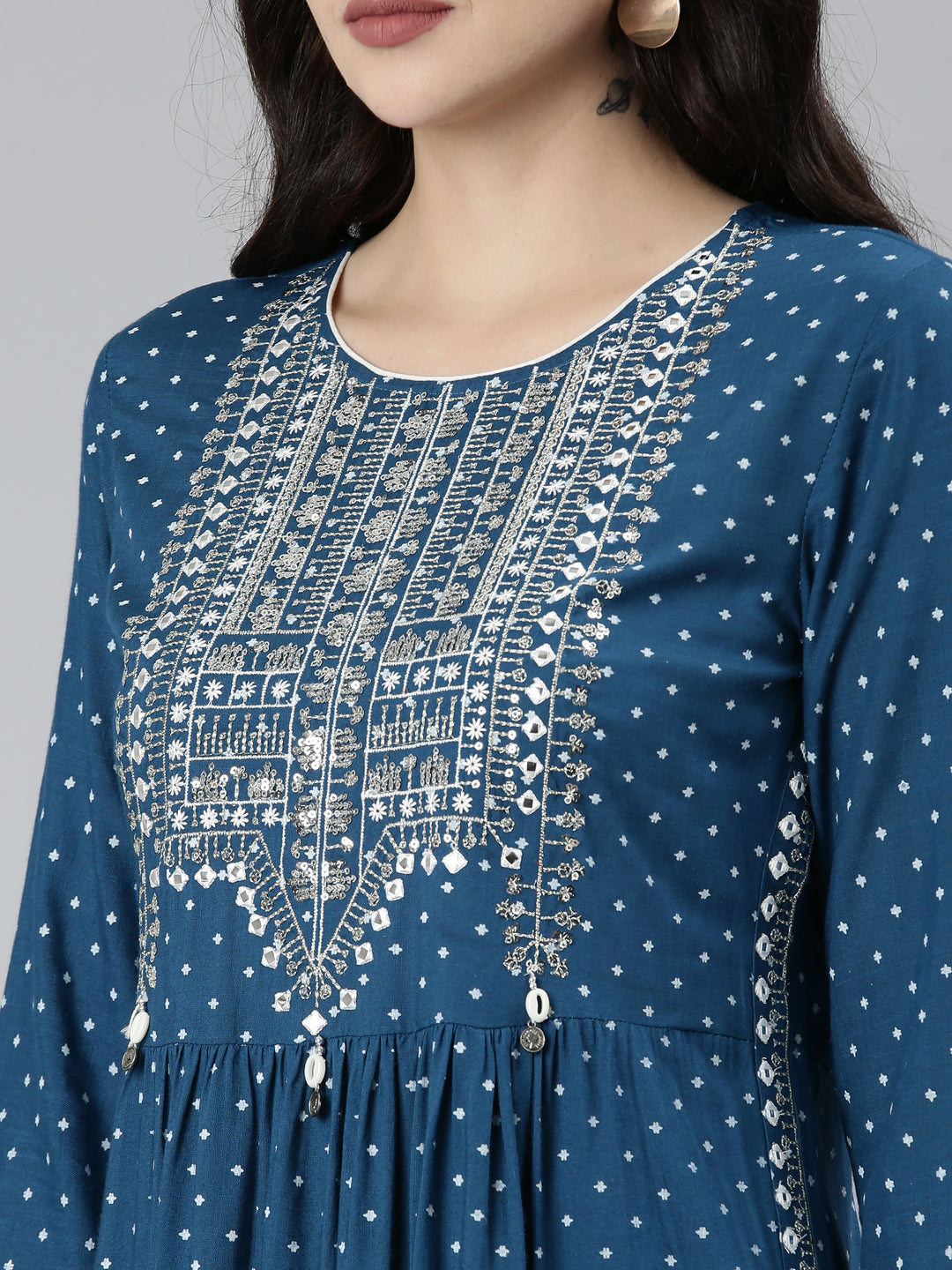 Neerus Blue printed floral kurta set with trouser - detail view 1