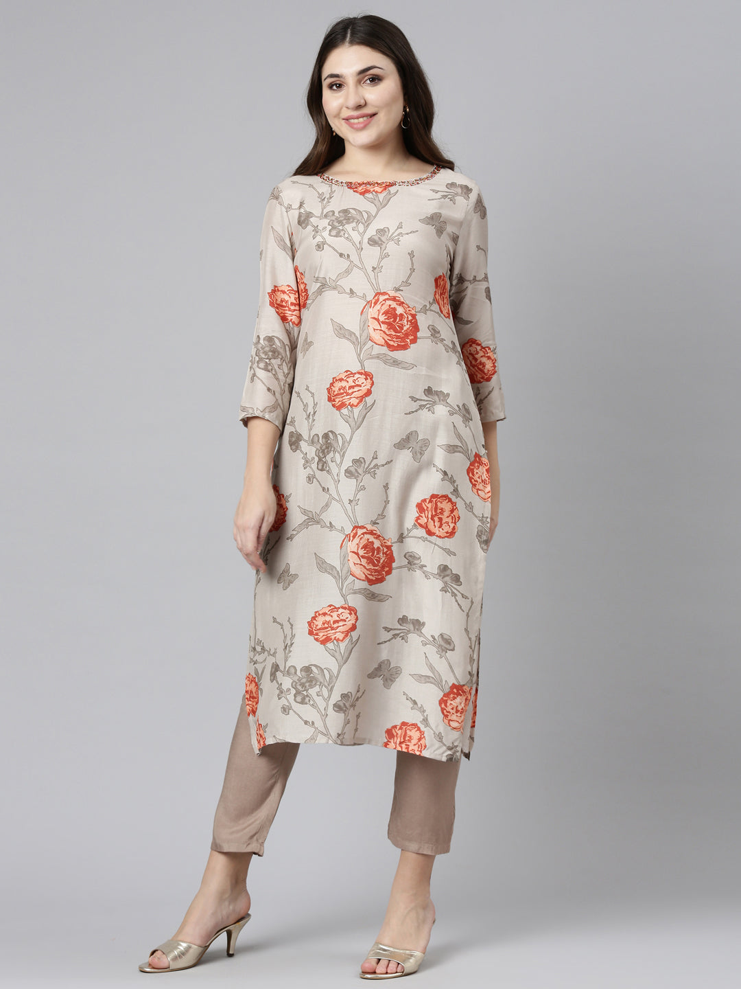 Neerus Beige printed straight kurti for women - front view