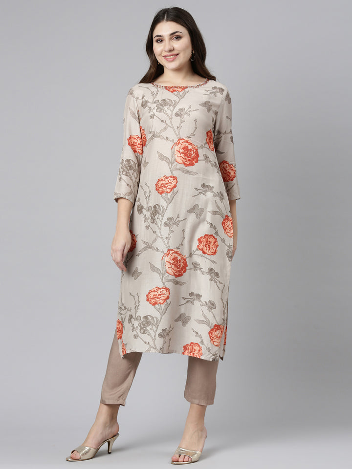 Neerus Beige printed straight kurti for women - front view