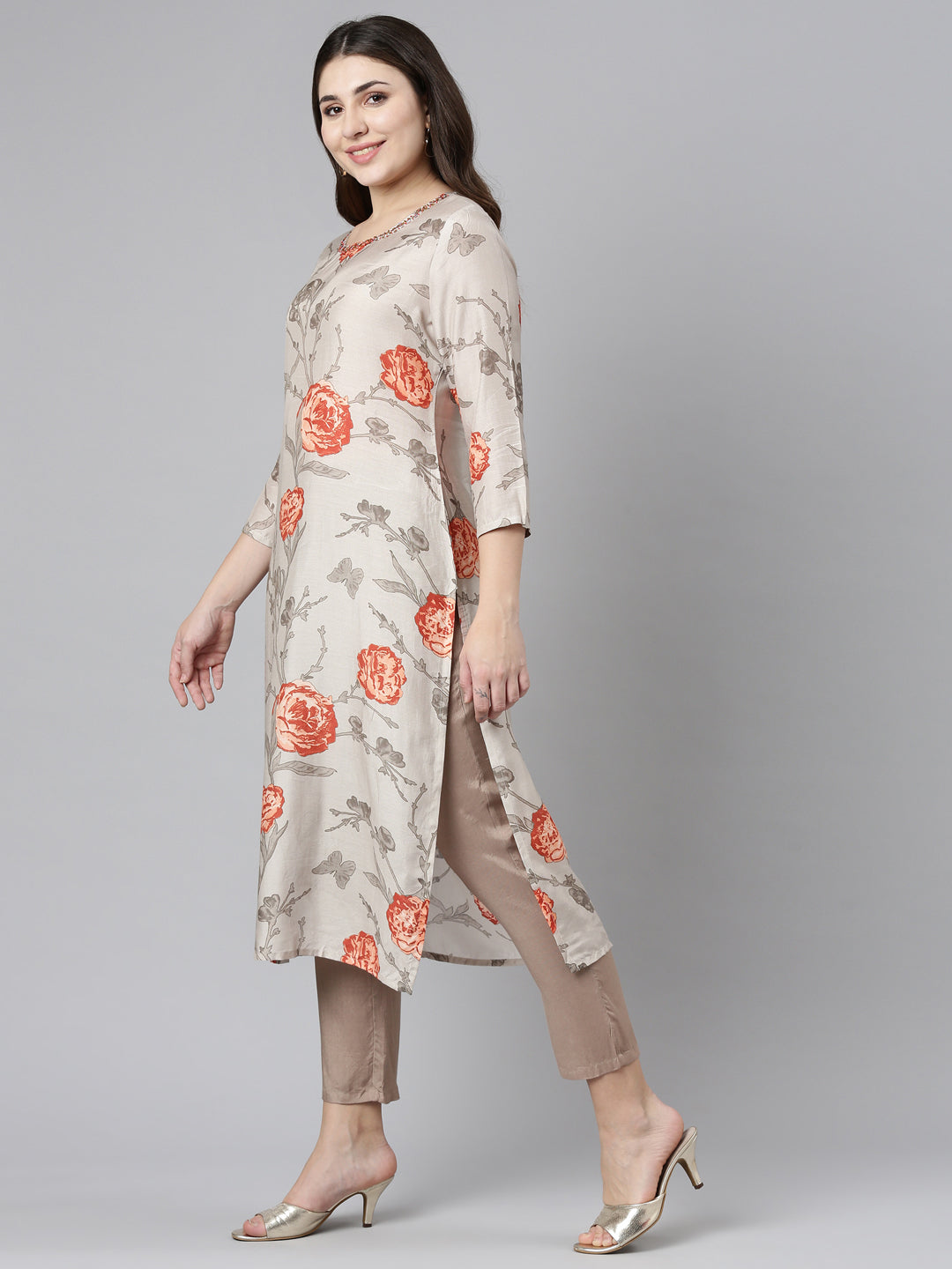 Neerus Beige printed straight kurti for women - back view
