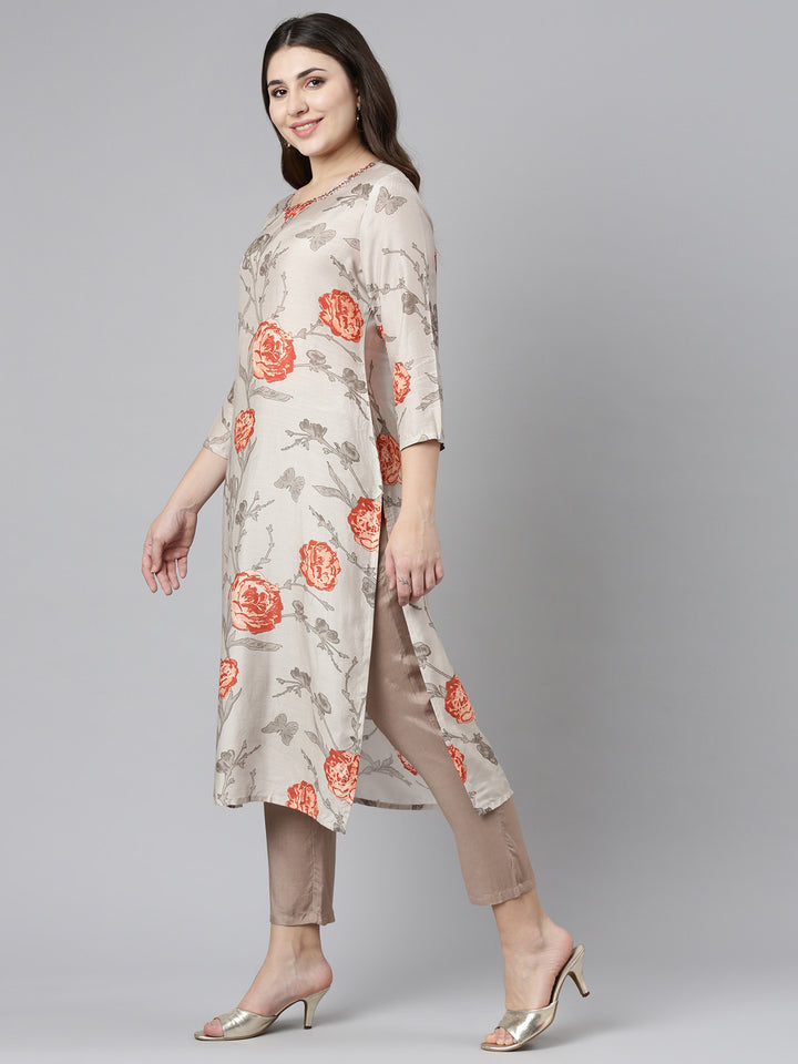 Neerus Beige printed straight kurti for women - back view