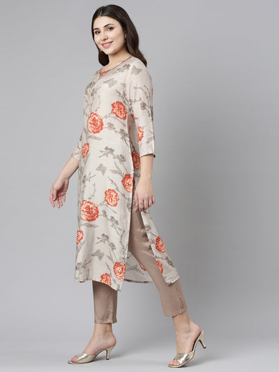 Neerus Cream Regular Straight Printed Kurtas
